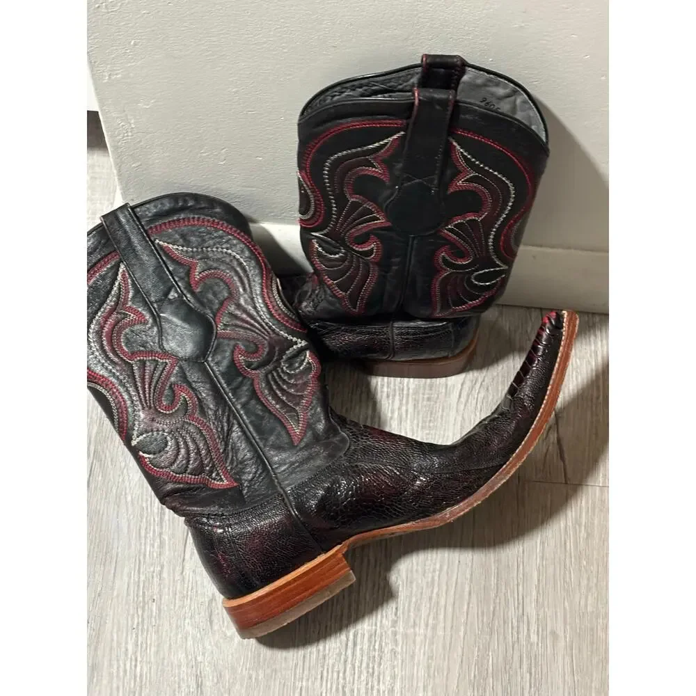 Los Altos Genuine Ostrich Leg Cowboy Boots Black Cherry Men’s 9 EE Snip Toe